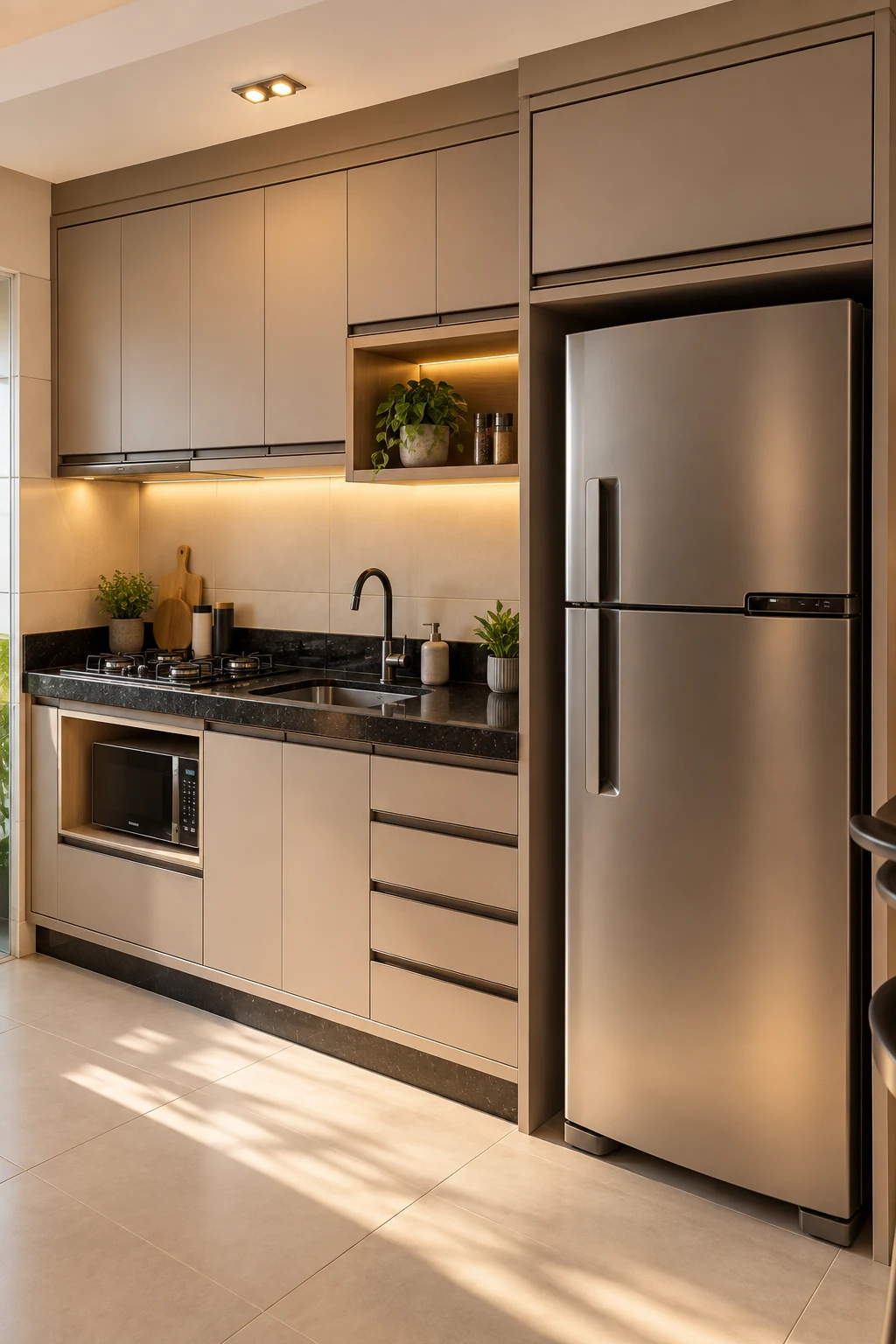 Cozinha planejada contemporânea em tons taupe